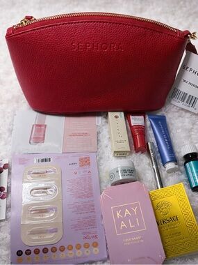 Sephora Red Pebbled Makeup Pouch with Assorted Beauty Minis